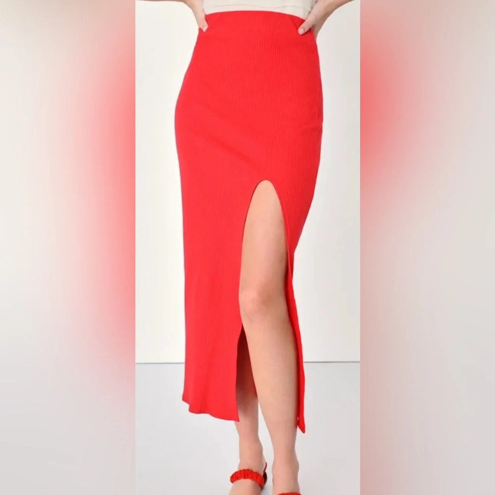 Lulus Red Ribbed BodyCon Maxi Skirt S